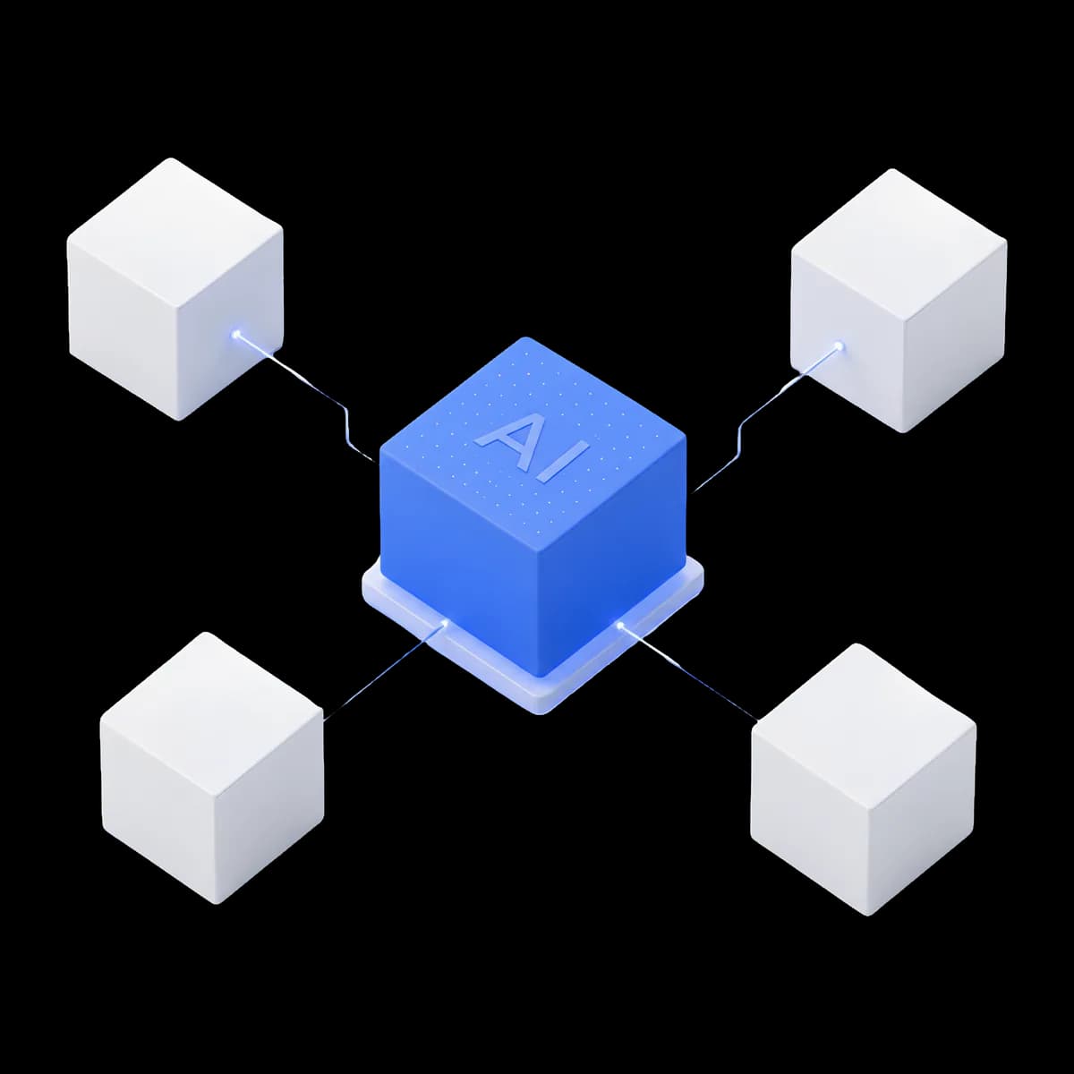 3D illustration of a blue AI chip connected to four systems