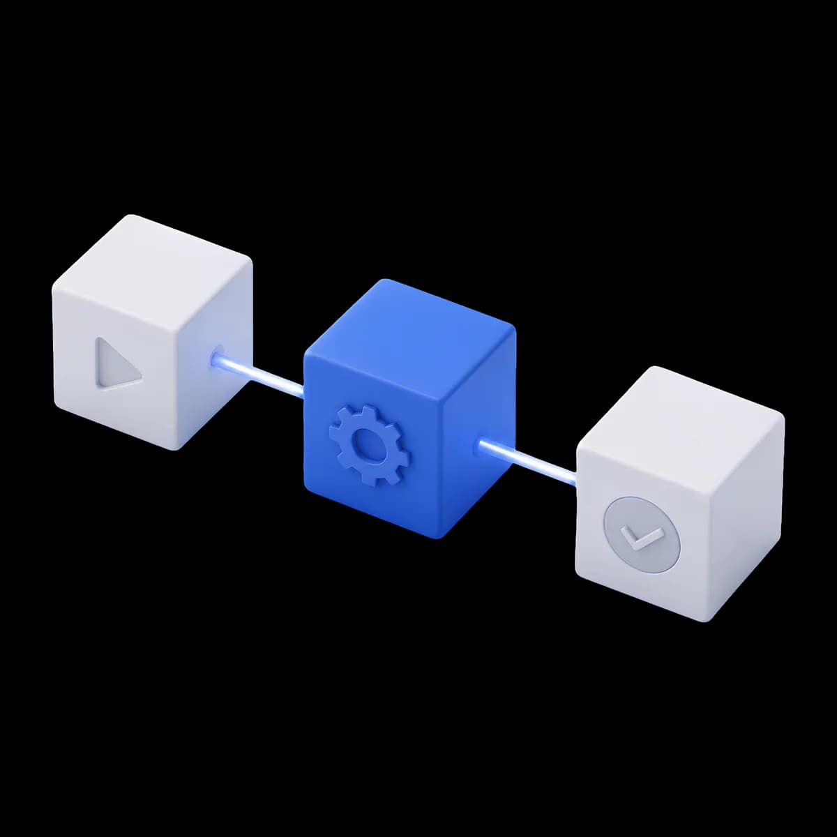 3D illustration of three linked blocks: play, gear, and checkmark