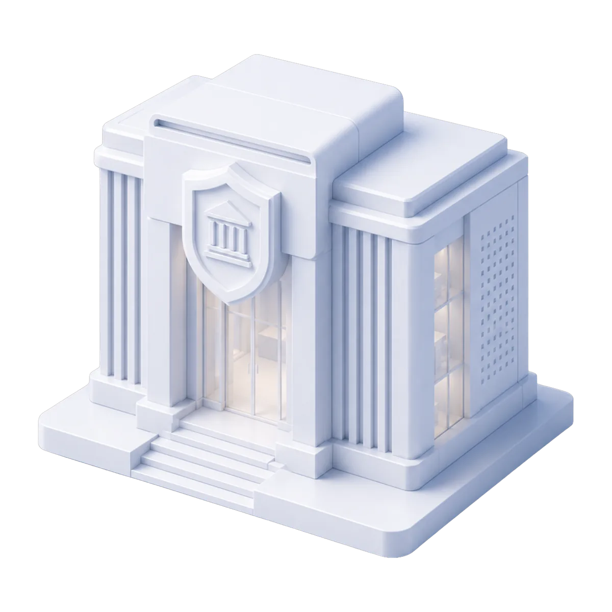 3D illustration of a bank building with a shield emblem