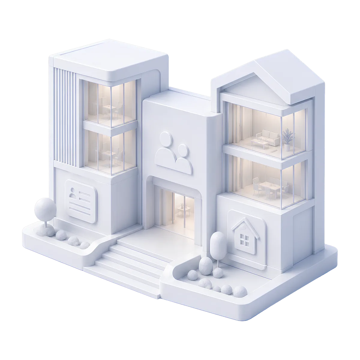 3D illustration of an office building with a people emblem above the entrance